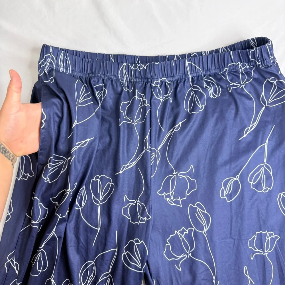 Tugeg Navy Blue Floral Satin Pajama Set White Tulip Print XL Two Piece Sleepwear